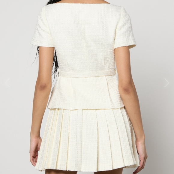 NEW Self-Portrait Boucle Pleated Mini Dress Ivory White Tweed Structured - Picture 6 of 10